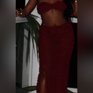 PrettyLittleThing Vacation Ruffled Flowered Elegant Red Women Skirt Bandeau Set